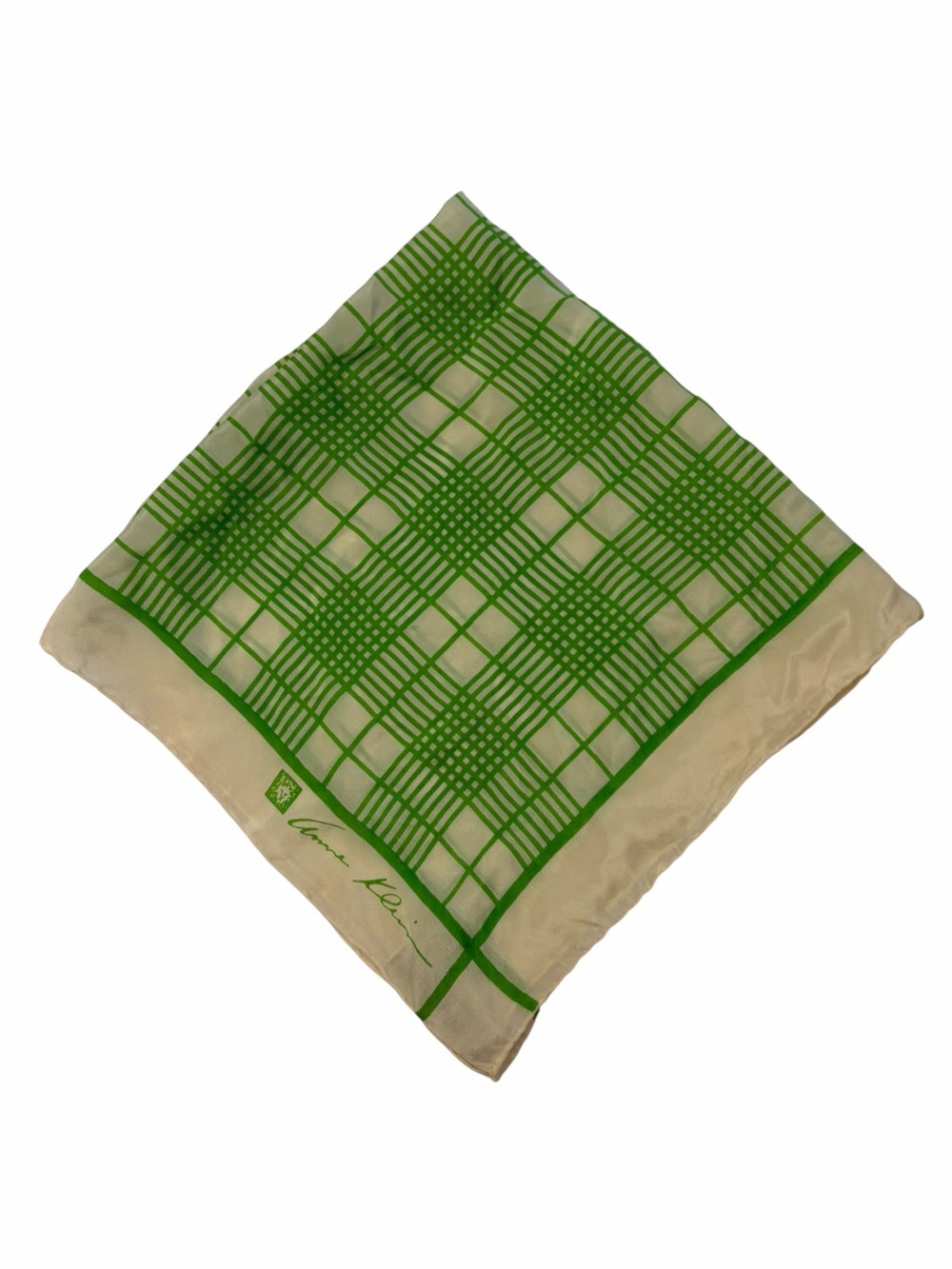 Anne Klein Square SILK Scarf 20x20” Green White Checks Plaid Retro Preppy Mod
